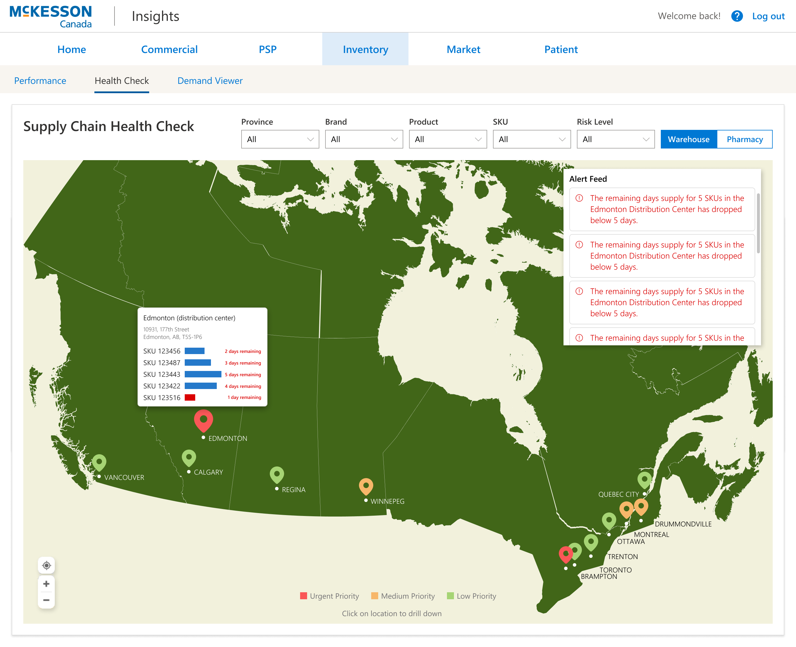 Supply chain health check by warehouse using a map to show location and distance.  Also has an alert feed and color-coded markers to highlight centers needing attention.